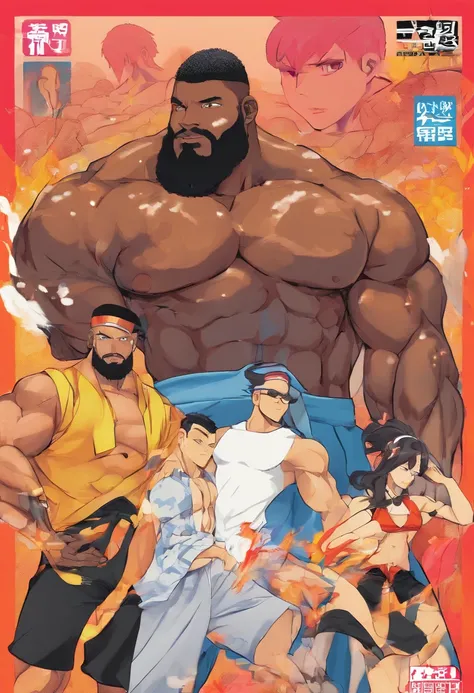 (((2heads))), muscle man, Black, African American, big pecs, big biceps, full body, beach background, no shirt, big bulge, speedo, long beard, big thick beard, hyper real