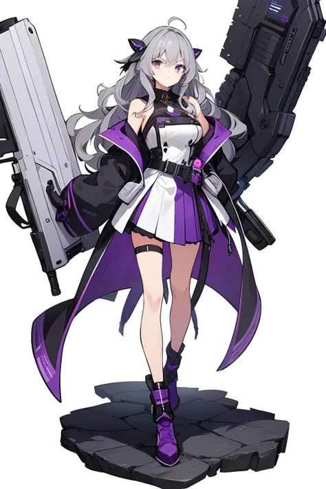 masterpiece, best quality,[(White background:1.4)::5],1mature girl,full body, grey hair, wavy hair, purple eyes, gun