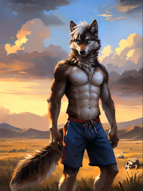 ((Solo)), male people, anthro wolf, (Multi-colored fur, White-brown:1.3), ((Wolf face, White hair, Big eyes, White eyelids, Blue pupil, Slim:1.2) (Tough, Calm expression:1.2)), Abs, Slim, pinging)), (Correct anatomy), (Work shorts:1.1), (Contour bone:1.2),...