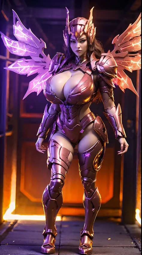 A WOMAN, BEAUTIFULL FACE, HUGE BOOBS, RGB, RED, GOLD, PURPLE, MECHA ARMOR FULL GEAR, (SUIT), (CLEAVAGE), (A PAIR LARGEST WINGS), (FULL BODY:1), TRANSPARANT, TALL LEGS, STANDING, SEXY BODY, MUSCLE ABS.