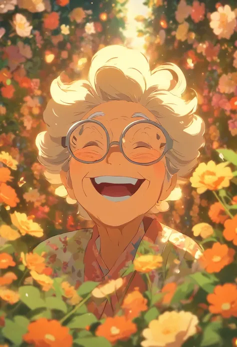 Grandmother with small eyes in the shadow of glasses，Laugh happily，The back is surrounded by many flowers