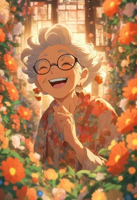 Grandmother with small eyes in the shadow of glasses，Laugh happily，The back is surrounded by many flowers