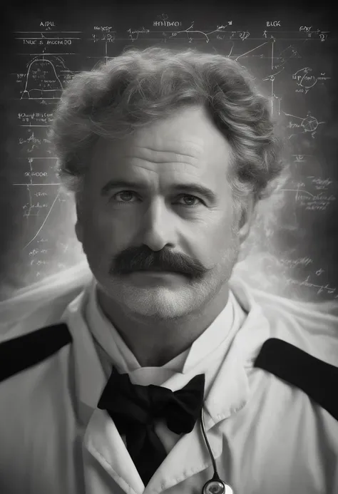 (super-detailed face, realistic lighting, vivid colors, high-resolution painting:1.1), genius, physics, blackboard, messy hair, intense gaze, iconic pose, aged, white lab coat, iconic mustache, deep wrinkles, piercing eyes, wise expression, scientific equa...