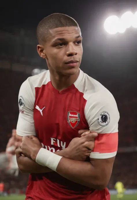 Man Soccer Player Mbappe in Arsenal tattoos on arm, comemorando gol