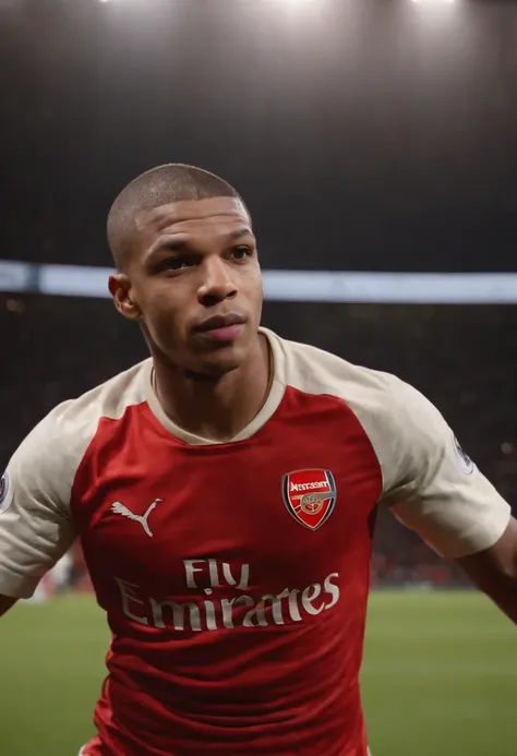 Man Soccer Player Mbappe in Arsenal tattoos on arm, comemorando gol