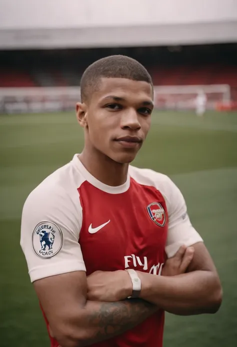 Man Soccer Player Mbappe in Arsenal tattoos on arm, comemorando gol