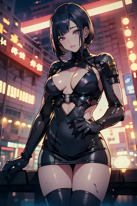 masutepiece, Beautiful Female Mech Pilot, 独奏, (Cyberpunk city on night background), tight partially transparent mini dress, (Small breasts), strong muscular body, short filthy hair, Undercut, Legs, Cyberpunk, (Skin Texture:1.1), Best Quality, 超A high resol...