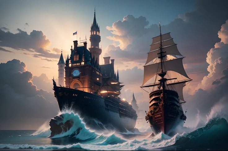 a ship transports to a castle, (best quality, 4k, 8k, high resolution, masterpiece: 1.2), ultra detailed, (realistic, photorealistic, photorealistic: 1.37), large waves crashing against the ship, majestic sails fluttering in the wind , intricate architectu...