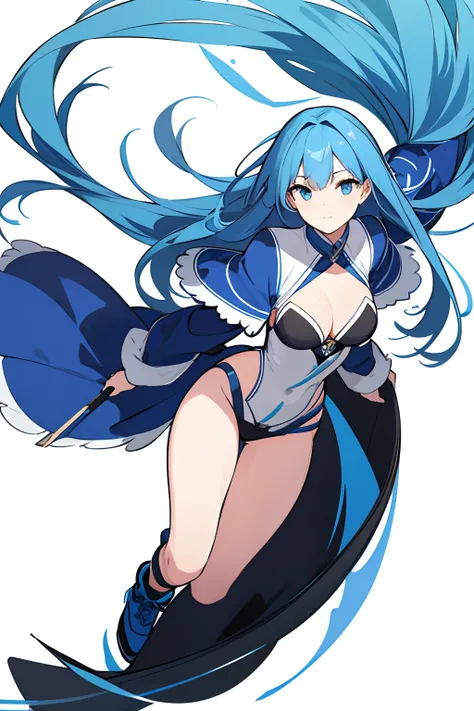 masterpiece, best quality,[(White background:1.4)::5],1mature girl,full body, blue hair, long hair, magic