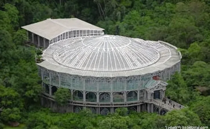 Arafed view of a large building in the middle of a forest, biodomo, floresta nublada, Enorme estrutura de vidro, visto do dossel, As Piscinas, tamborine, Floresta, Coban, A Crystal Palace, tiradas em 2022, enorme estufa, Glass dome, the temple of truth is ...