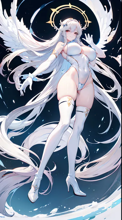 (gigantic breasts:1.2)，angelic halo,idol，White long hair，Pale skin，Latex gloves，high-heeled leather boots，stand posture，Full body like，grin face，Black slingshot swimsuit，Mink down shawl，exposing your navel，Expose the armpits，white backgrounid，simplebackgro...