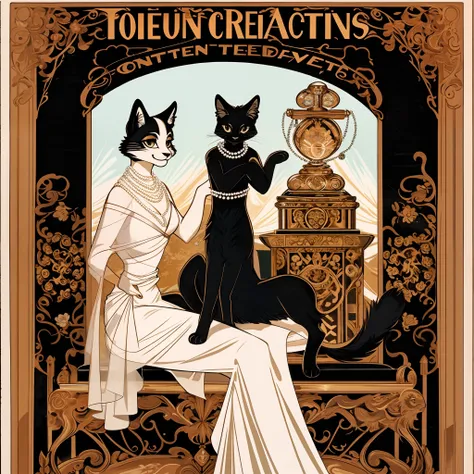 vector art, arafed black cat sitting on a pedestal with a pearl necklace, elegant cat, 1920s advert, 1960s advertisement, luxury advertisement, magazine advertisement, 1960s perfume bottle ads,