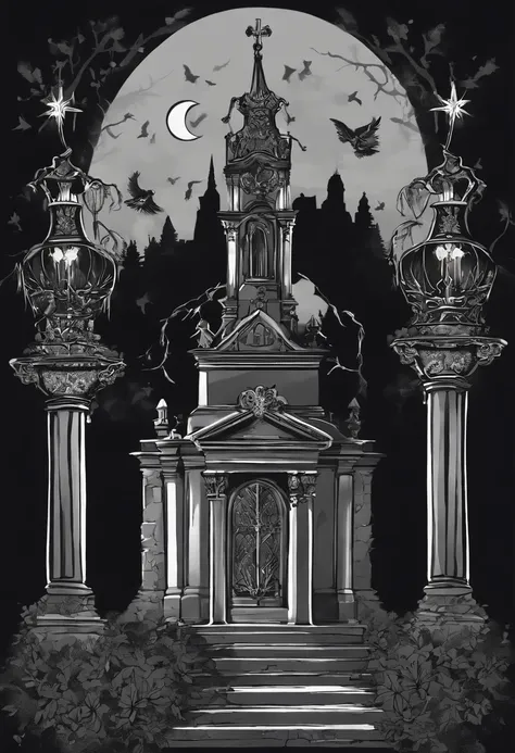 /imagine prompt: The gravekeeper carries a chandelier，Illustration with sticker on black background，Cemetery，The outline is bold, Jagged edges, Trash core, Light and Shadow - V 5.2