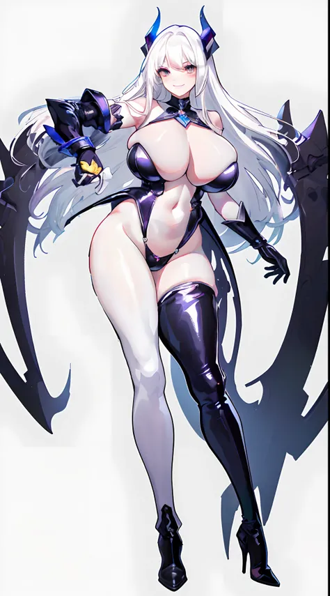 (gigantic breasts:1.2)，angelic halo,idol，White long hair，Pale skin，Latex gloves，high-heeled leather boots，stand posture，Full body like，grin face，Black slingshot swimsuit，Mink down shawl，exposing your navel，Expose the armpits，white backgrounid，simplebackgro...