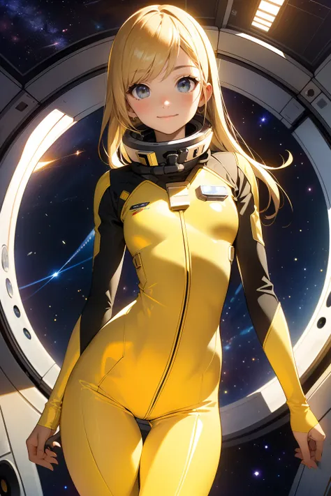 (masterpiece, best quality:1.2), (cowboy shot:1.1), solo, 1girl, mori yuki, slight smile, closed mouth, looking at viewer, blonde hair, thigh gap, yellow bodysuit, skin-tight, perfect body, belt, large window, (starship porthole:1.3), from front, (spread l...