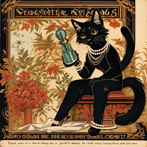 vector art, arafed black cat sitting on a pedestal with a pearl necklace, elegant cat, 1920s advert, 1960s advertisement, luxury advertisement, magazine advertisement, 1960s perfume bottle ads,