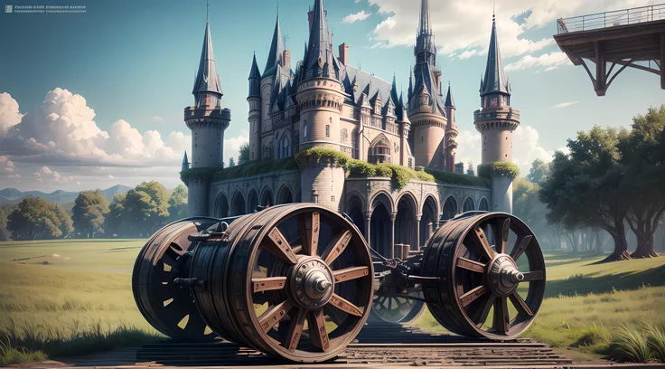 a long shot picture of a steampunk castle moving on wheeled motorized platform rolling hills, s steampunk castle with (turrets: 1.1), (towers:1.1), (bridges:1.2), (barbican:1.1), canons on the walls, a blimp flying by, green rolling hills background, wheel...