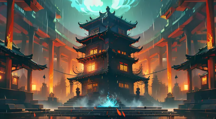 Technologically sensed city,darkly,Flashing，People come and go in the city, animation, Technology development，tmasterpiece, Better quality, Still photography, Fantasy fairy tale international prosperity ancient temple，The ancient temple complex has a large...