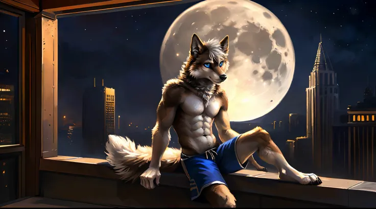 ((Solo)), male people, anthro wolf, (Multi-colored fur, White-brown:1.3), ((Wolf face, White hair, Big eyes, White eyelids, Blue pupil, Slim:1.2) (Tough, Calm expression:1.2)), Abs, Slim, pinging)), (Correct anatomy), (Work shorts:1.1), (Contour bone:1.2),...