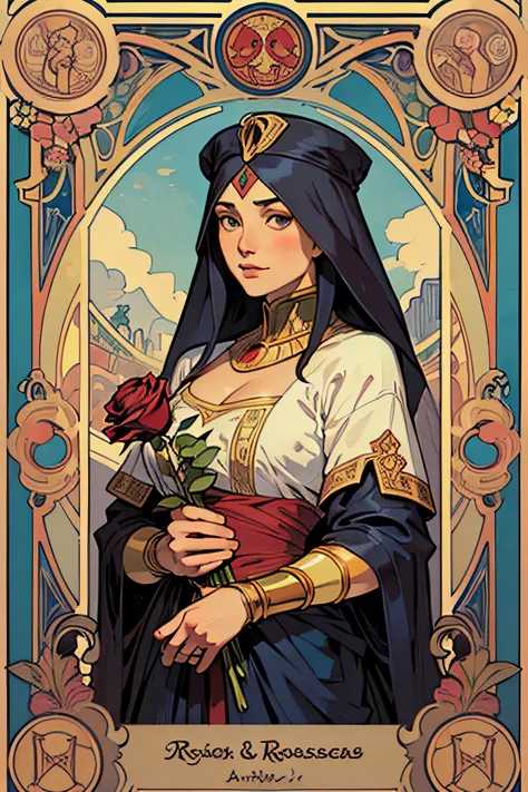 master-piece, red rose, Tarot cards, Egypt, art, Alphonse Mucha, rose, Floral frame