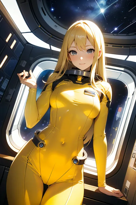 (masterpiece, best quality:1.2), (cowboy shot:1.1), solo, 1girl, mori yuki, slight smile, closed mouth, looking at viewer, blonde hair, thigh gap, yellow bodysuit, skin-tight, perfect body, belt, long blonde hair, large window, (starship porthole:1.3), fro...