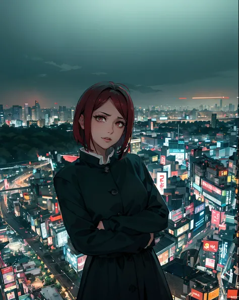 arafed woman standing on top of a tall building with a city in the background, on rooftop tokyo night, on tokyo cyberpunk night rooftop, on future tokyo night rooftop, with short hair, set in tokyo rooftop, anime girl in real life, tokyo in the background,...