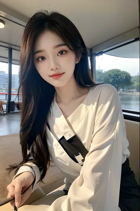 ​masterpiece、top-quality)、1 beutiful girl、Slim body、((Black and white plain clothes:1.1))、(Detailed beautiful eyes)、In the Han River、Face similar to Chaewon in Le Selefim、((Boyish Brown Medium Hair))、((Smaller face))、((Neutral face))、((Light brown eyes))、(...