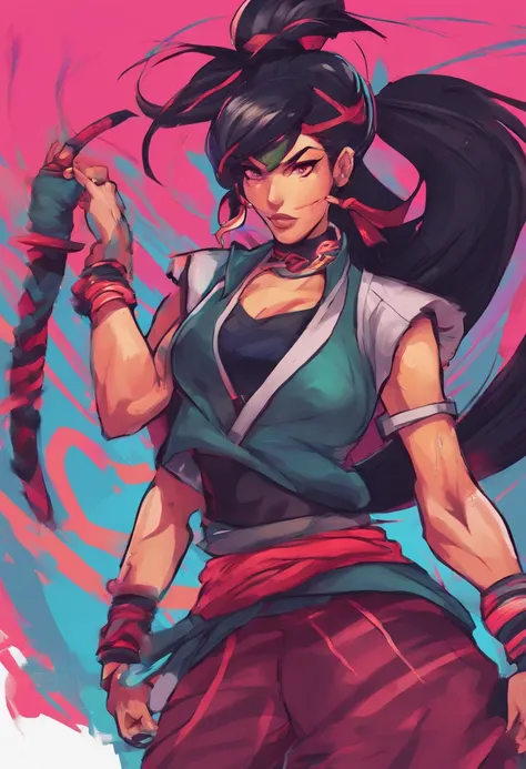 akali league of legends , lol akali, cabelos pretos, cor do cabelo preto, vestido uma camisa curta, wearing pants, league of legend, hair tied back, segurando uma kunai, kunai. Anime