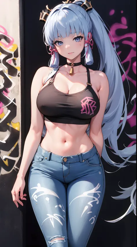 kamisato ayaka|genshin impact, master-piece, bestquality, 1girls,25 years old, proportional body, elongated legs, Beautiful, proportional., crop top, Long Jeans, gigantic breasts, ,bara, crop top, choker, (Graffiti:1.5), Splash with purple lightning patter...