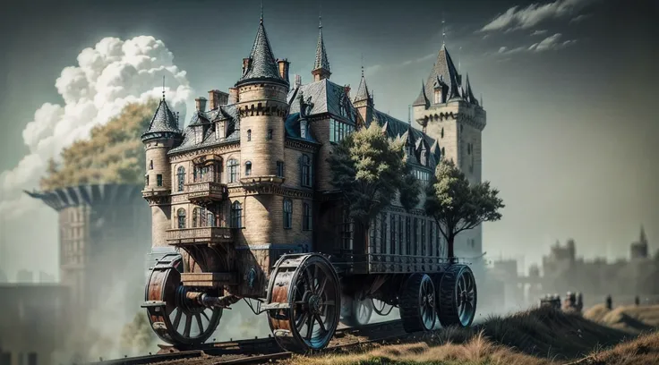 a long shot picture of a steampunk castle moving on wheeled motorized platform rolling hills, s steampunk castle with (turrets: 1.1), (towers:1.1), (bridges:1.2), (barbican:1.1), canons on the walls, a blimp flying by, green rolling hills background, wheel...