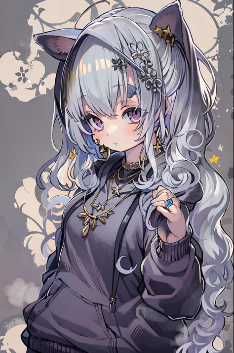 , Colossal, Twin-tailed, Silver hair, Hoodie, Vintage Gothic, Pose, Cute, Face up, High quality, Necklace, Ring, Bracelet, earrings