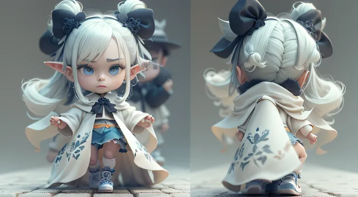 Baraco wind in Italy，Taoist fairy，Huangshan people，Exquisite Hair，Arm carving，White-blue hair all over the body，Delicate gradient shoes，Eye portrayal，Exquisite Hair，Popmart blind box，Clay texture，Treading on the ground，Black and white background，natural  l...