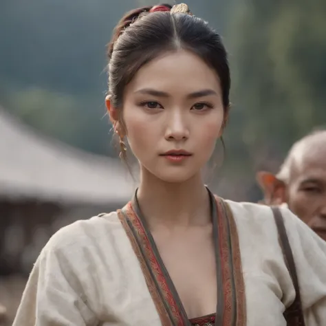 photorealistic, best quality, hyper detailed,Asian,medium height,Shaman in traditional costume,She has a wolf tattoo on her right arm,very beautiful woman,high cheekbones,cream skinned,thin lips,short hair,warrior vibe.