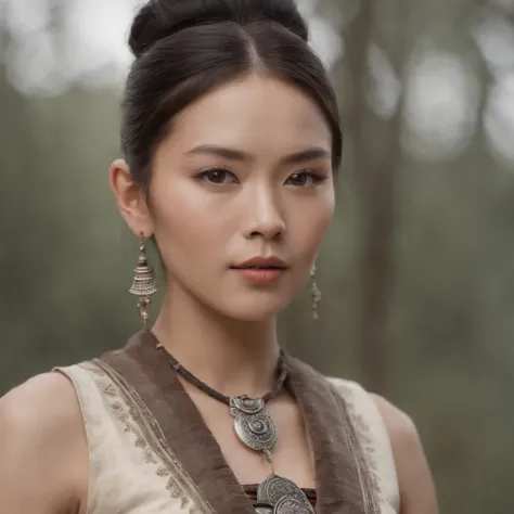 photorealistic, best quality, hyper detailed,Asian,medium height,Shaman in traditional costume,She has a wolf tattoo on her right arm,very beautiful woman,high cheekbones,cream skinned,thin lips,short hair,warrior vibe.