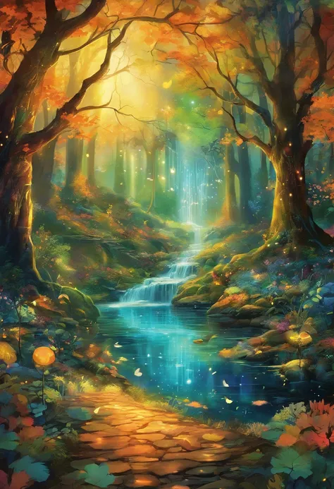 Whimsical forest,autumn colors,fairy goddess,blue glowing spells,fantasy colors,enchanted trees,sparkling mist,magical creatures,ethereal atmosphere,mystical ambiance,magic in the air,enchanted forest floor,magical light rays,twinkling fairy dust,whisperin...