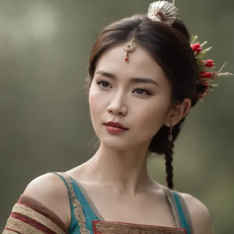 best quality, hyper detailed,Asian,medium height,Shaman in traditional costume,She has a wolf tattoo on her right arm,very beautiful woman,high cheekbones,cream skinned,thin lips,short hair,warrior vibe.