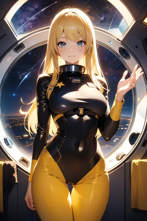 (masterpiece, best quality:1.2), (cowboy shot:1.1), solo, 1girl, mori yuki, slight smile, closed mouth, looking at viewer, blonde hair, thigh gap, yellow bodysuit, skin-tight, perfect body, belt, long blonde hair, large window, (starship porthole:1.3), fro...