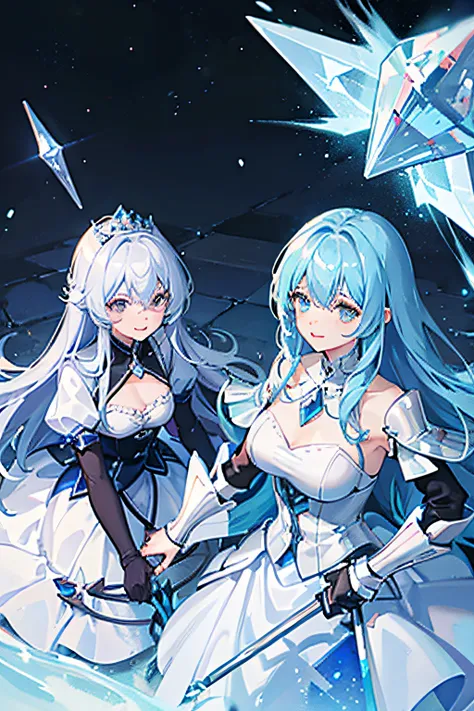 Two Women,Light blue hair,Crystal Heavy Armor,Two-handed axe,Princess Knight,battleing