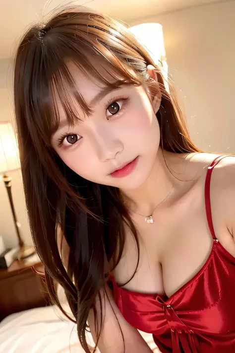 ​masterpiece、1 girl per 1 photo、FULL BODYSHOT、Straight front view、Japan young cute girl sitting alone on hotel bed、Gorgeous figure、Wearing shiny satin red silk chemise、With smiling eyes、hyper cute face、shiny lip、Sweaty body、Double eyelids in both eyes、natu...