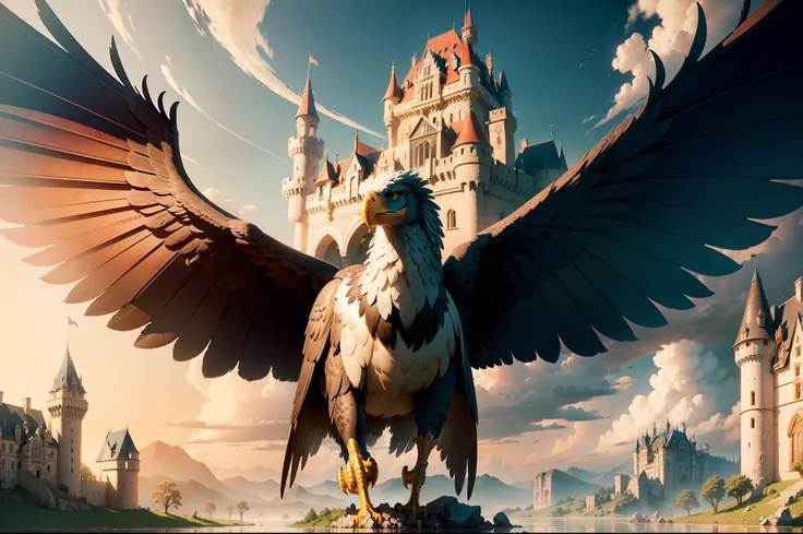 (masterpiece, vibrant, creative, bes quality), a huge castle on a giant eagle, walking across the land, fantasy art, intricate and highly detailed, a giant eagle Carry a huge castle, (ray tracing, global illumination)