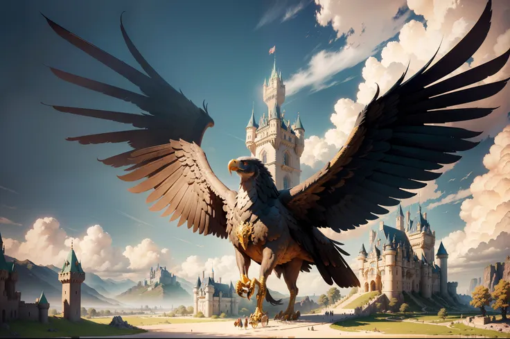 (masterpiece, vibrant, creative, bes quality), a huge castle on a giant eagle, walking across the land, fantasy art, intricate and highly detailed, a giant eagle Carry a huge castle, (ray tracing, global illumination)