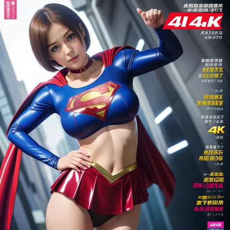 (Best Quality,4K,8K,hight resolution,masutepiece:1.2),Ultra-detailed,Realistic:1.37,Super masterpiece,Short-haired Supergirl、large full breasts、Looking at the camera、Glossy costume、a choker、Too short miniskirt、Magazine covers、Weekly Magazine