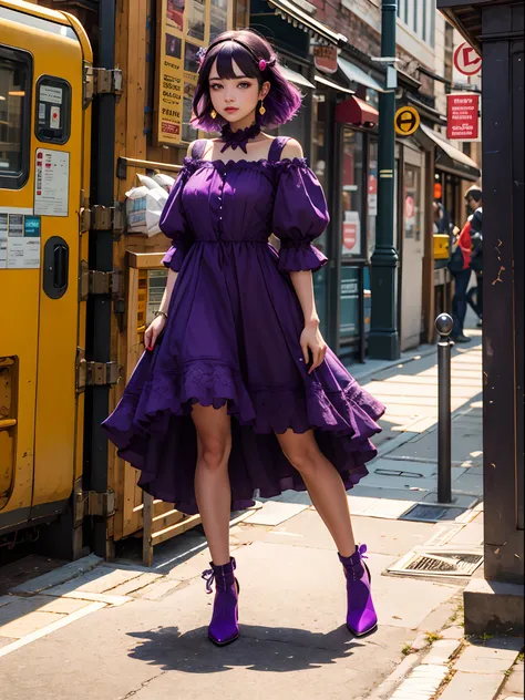 A girl with purple eyes and purple princess dress in walking pose