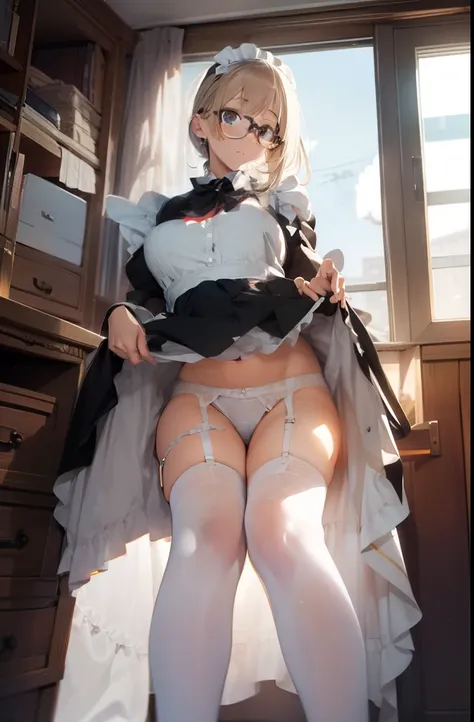 ultra-quality, ultla highres, Hyper Detailed, High contrast, superfine illustration, creative refinement, maid, eye glasses, White panties, White garter belt