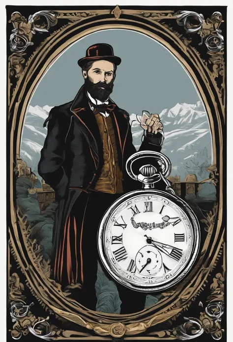 /imagine prompt: gentleman
，Pocket watch in hand，medieval times，Illustration with sticker on black background，The outline is bold, Jagged edges, Trash core, Light and Shadow - V 5.2