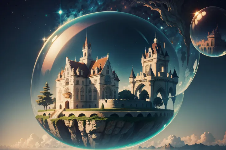 castle in a floating bubble, illustration,