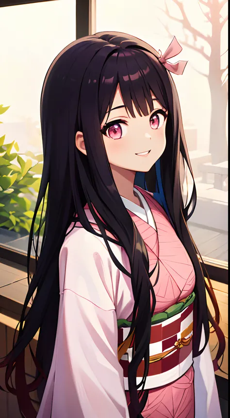 Nezuko Kamado, 1girl in, Brown hair, Checkered bands,  gradation hair, Hair Ribbon, haori, Komono, Kimono, The long-haired, Look at viewers, O cabelo multicolorido, orange color hair, Pink eyes, Pink kimono, Pink ribbon, bow ribbon, 独奏, The upper part of t...