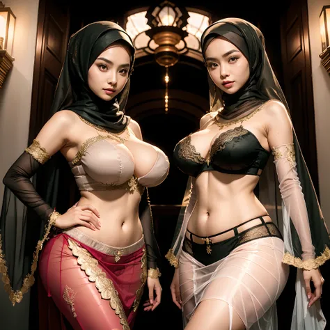 two women in lingersuits and hijab posing for a picture, wlop and sakimichan, wlop and artgerm, harem, artwork in the style of guweiz, trendin on artstation, artgerm and genzoman, artgerm and wlop, deviantart artstation cgscosiety, wlop glossy skin, hijab,...