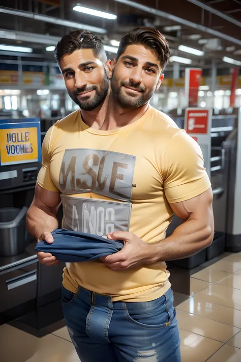 (((2heads))), a beautiful italian 38 year old man,(big bulge:1.5),fit, beautiful masculine face, detailed hazel and brown eyes eyes, wearing blue walmart vest with a nametag over a yellow tshirt, very tight washed gray jeans,unathletic,very wide shoulders,...