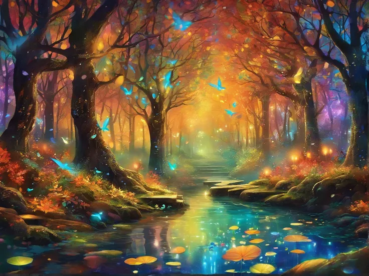 Whimsical forest,autumn colors,fairy goddess,blue glowing spells,fantasy colors,enchanted trees,sparkling mist,magical creatures,ethereal atmosphere,mystical ambiance,magic in the air,enchanted forest floor,magical light rays,twinkling fairy dust,whisperin...